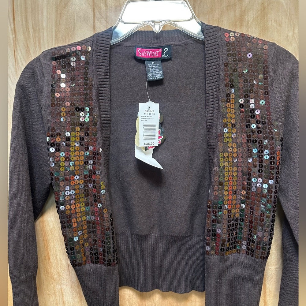SAY WHAT RETRO 90s Brown Sequin Open Cardigan Sweater sz M ( fits like a small)